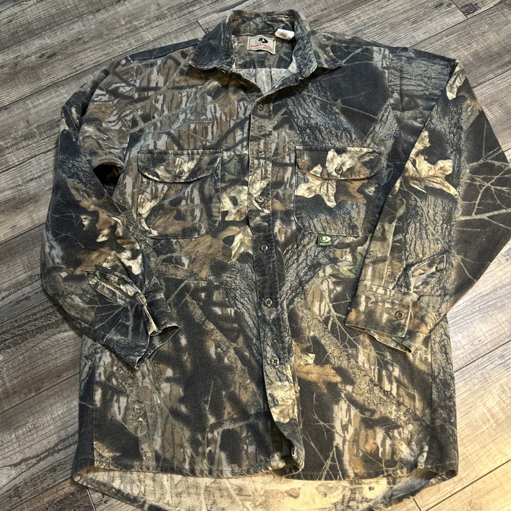 MOSSY OAK Rare Vintage Green Camo Hunting  Shirt Jacket Fall Foliage Leaf USA M